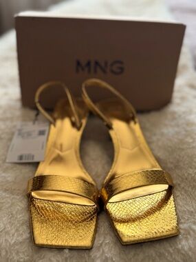 Mango Metallic Gold Square-Toe Slingback Heels